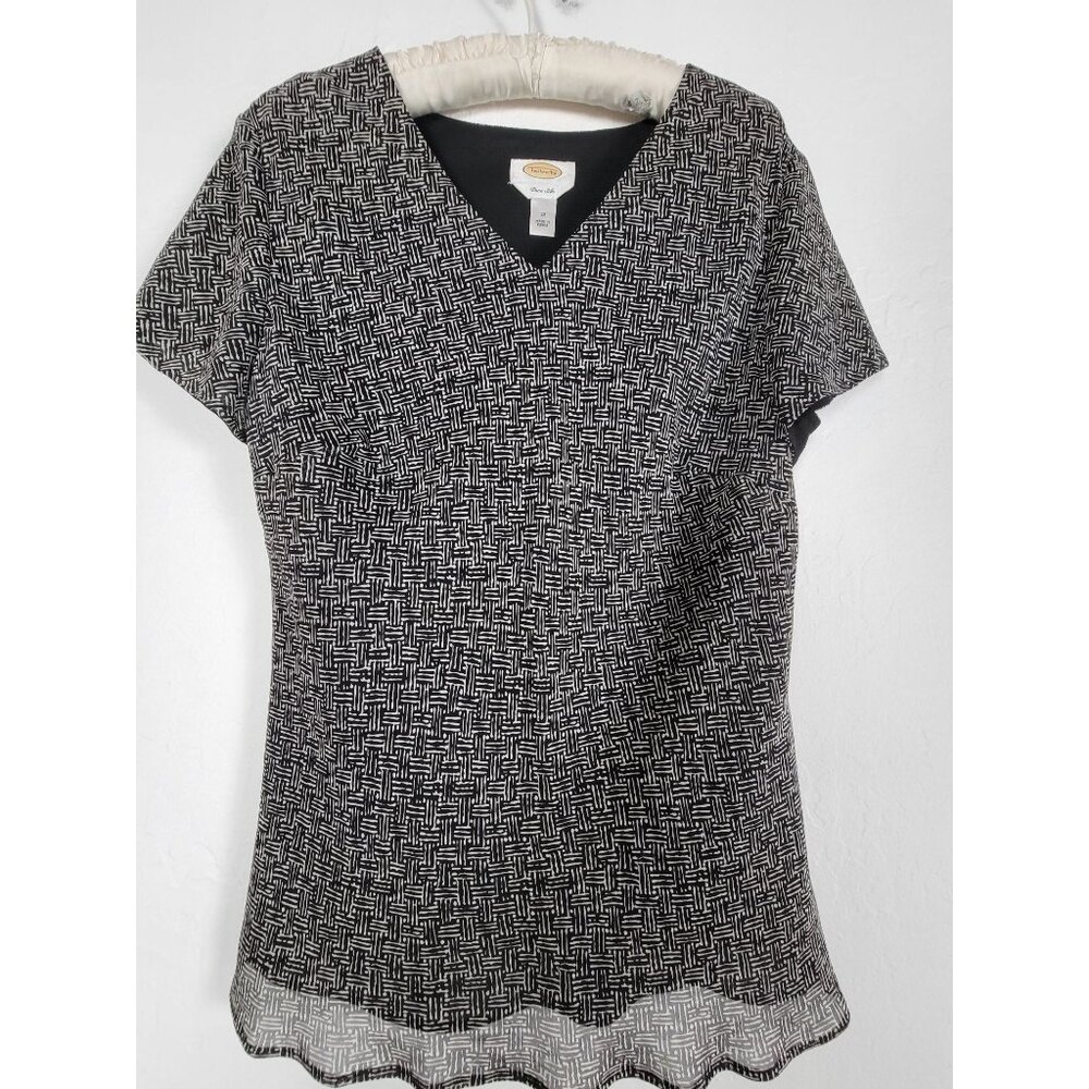 Talbots Womens Pure Silk Black & White Print Short Sleeve V-Neck Blouse Size 12